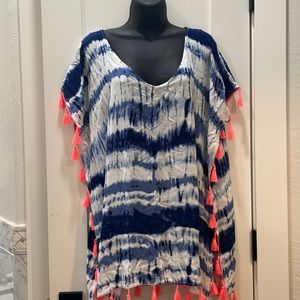 C&T BEACH BLUE TIE DYE BEACH COVER UP WITH CORAL FRINGE. SMALL